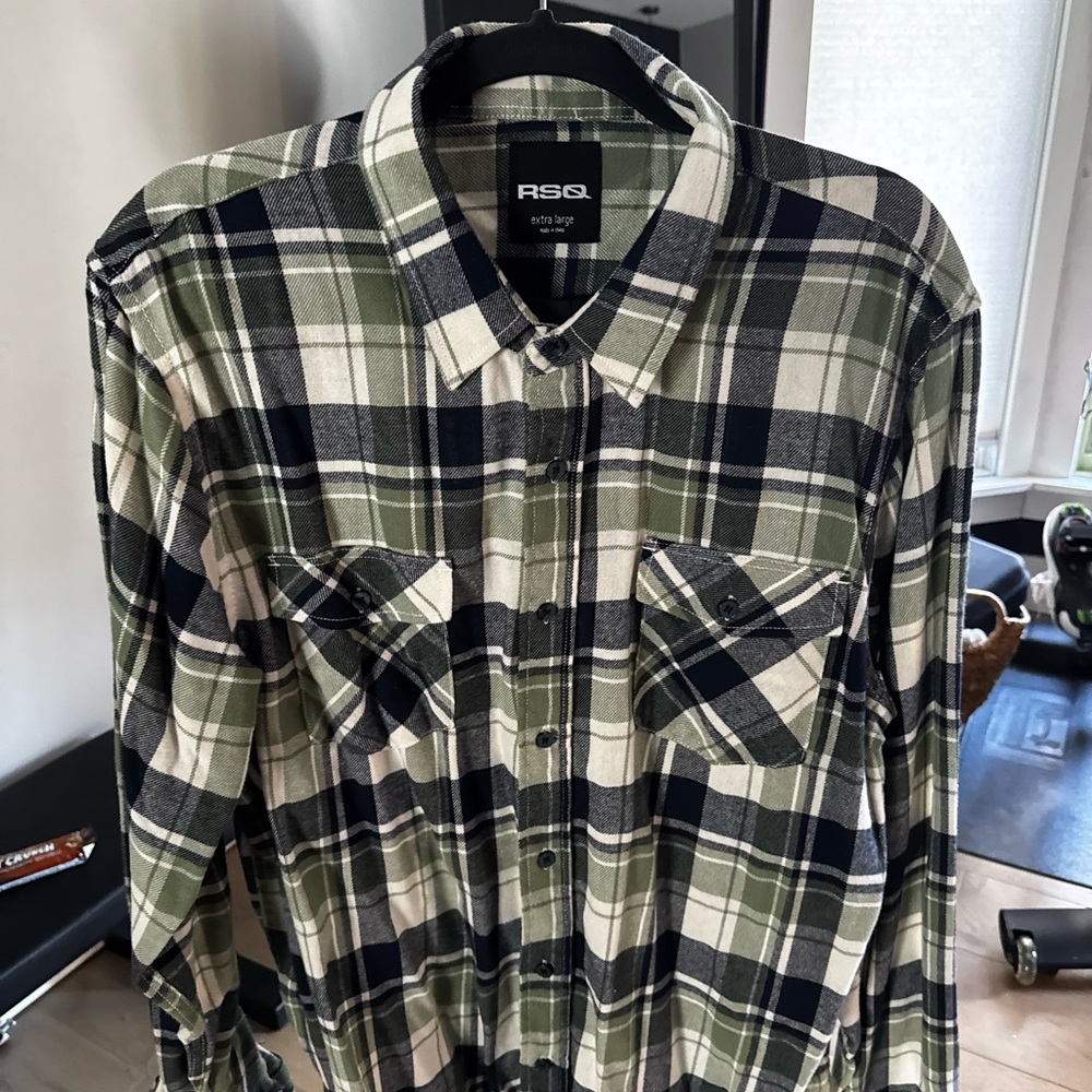 RSQ Men's Olive and Navy Plaid Button Down Shirt